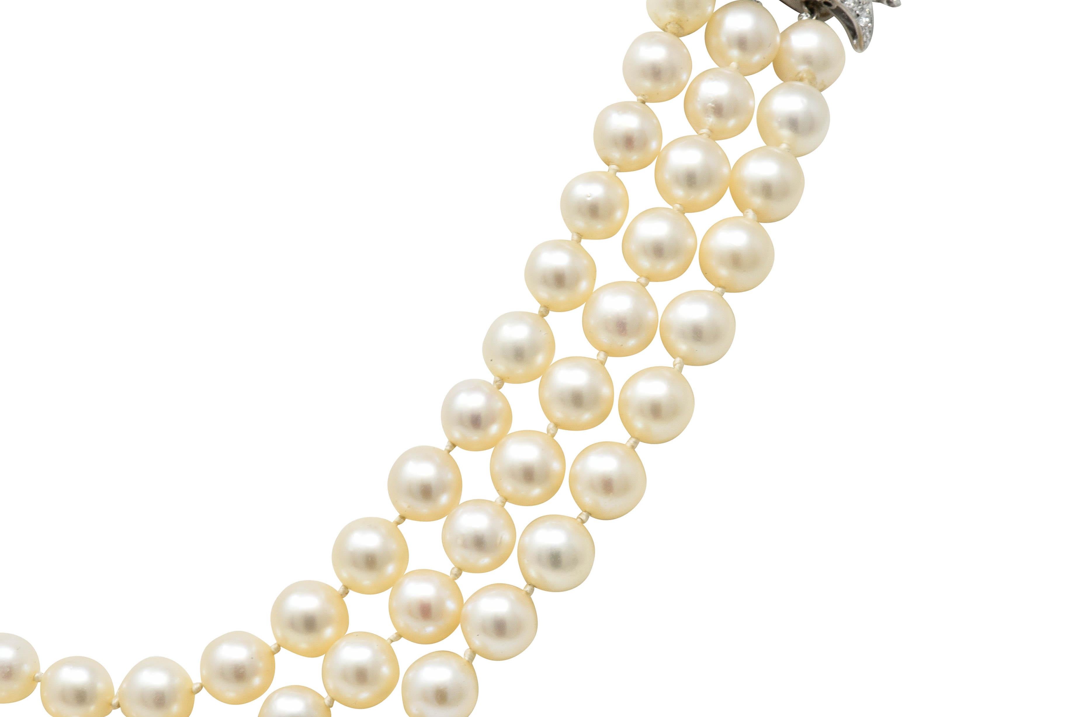 Retro Diamond Cultured Pearl 14 Karat White Gold Multi-Strand Necklace 2