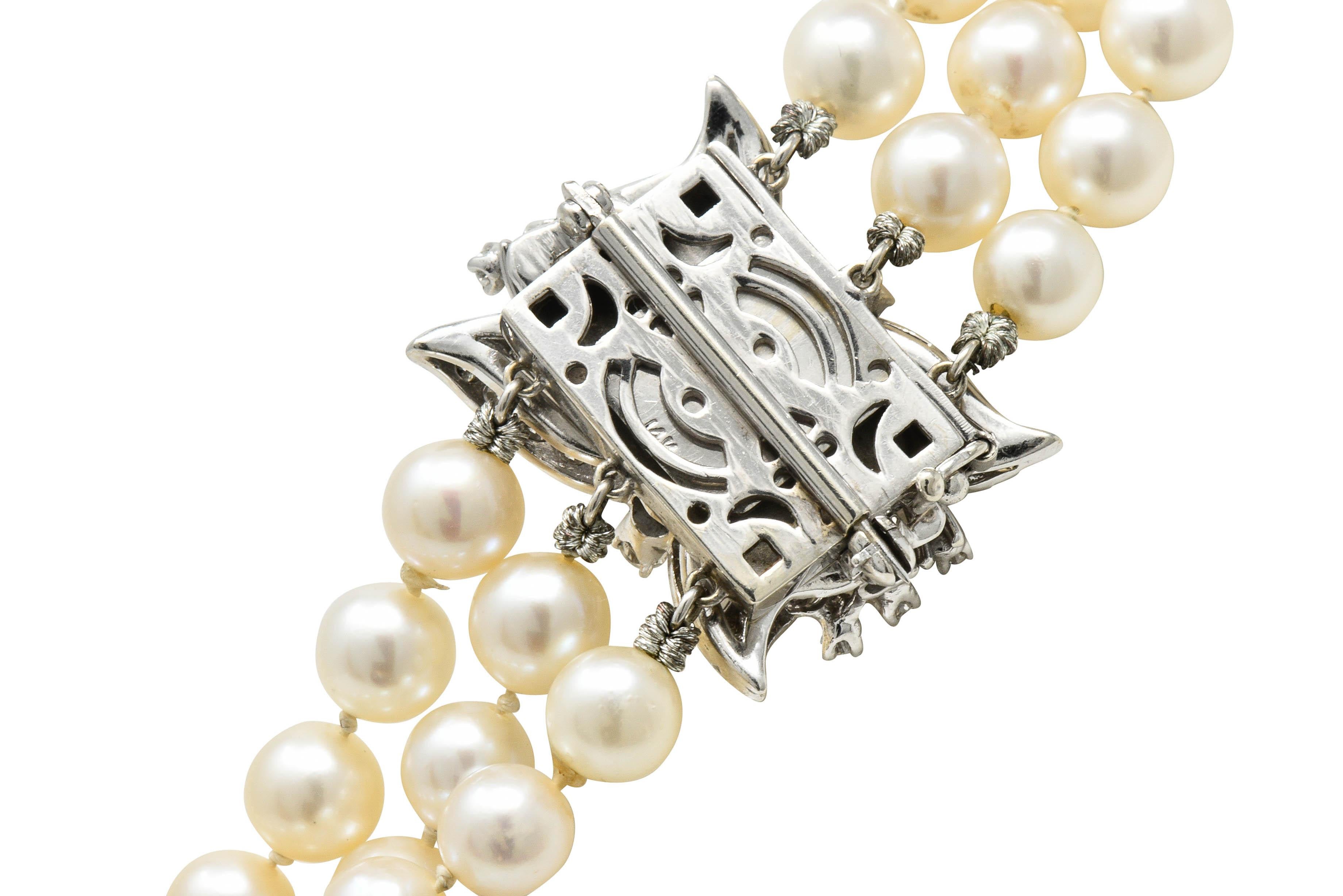 Retro Diamond Cultured Pearl 14 Karat White Gold Multi-Strand Necklace 4