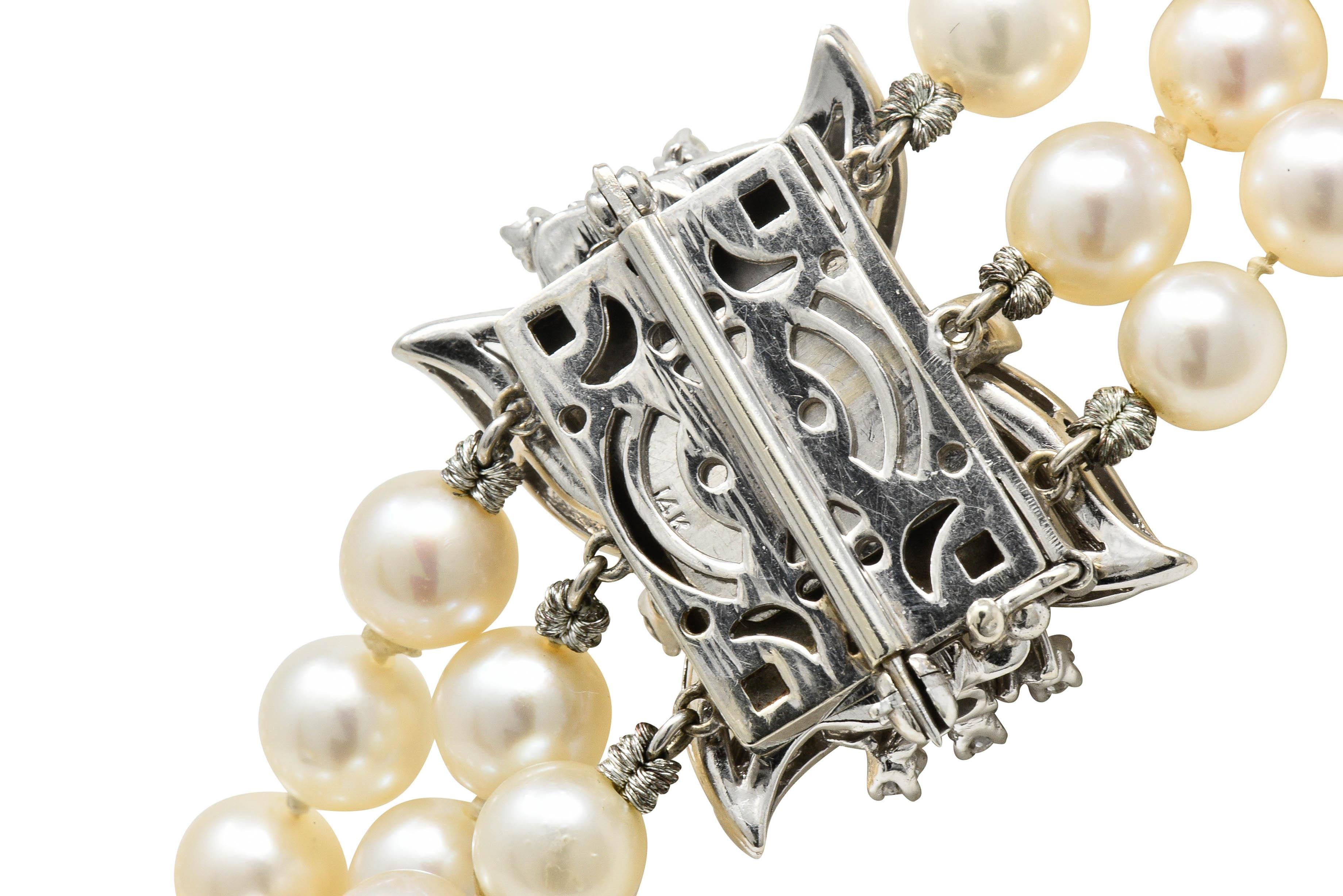 Retro Diamond Cultured Pearl 14 Karat White Gold Multi-Strand Necklace 5
