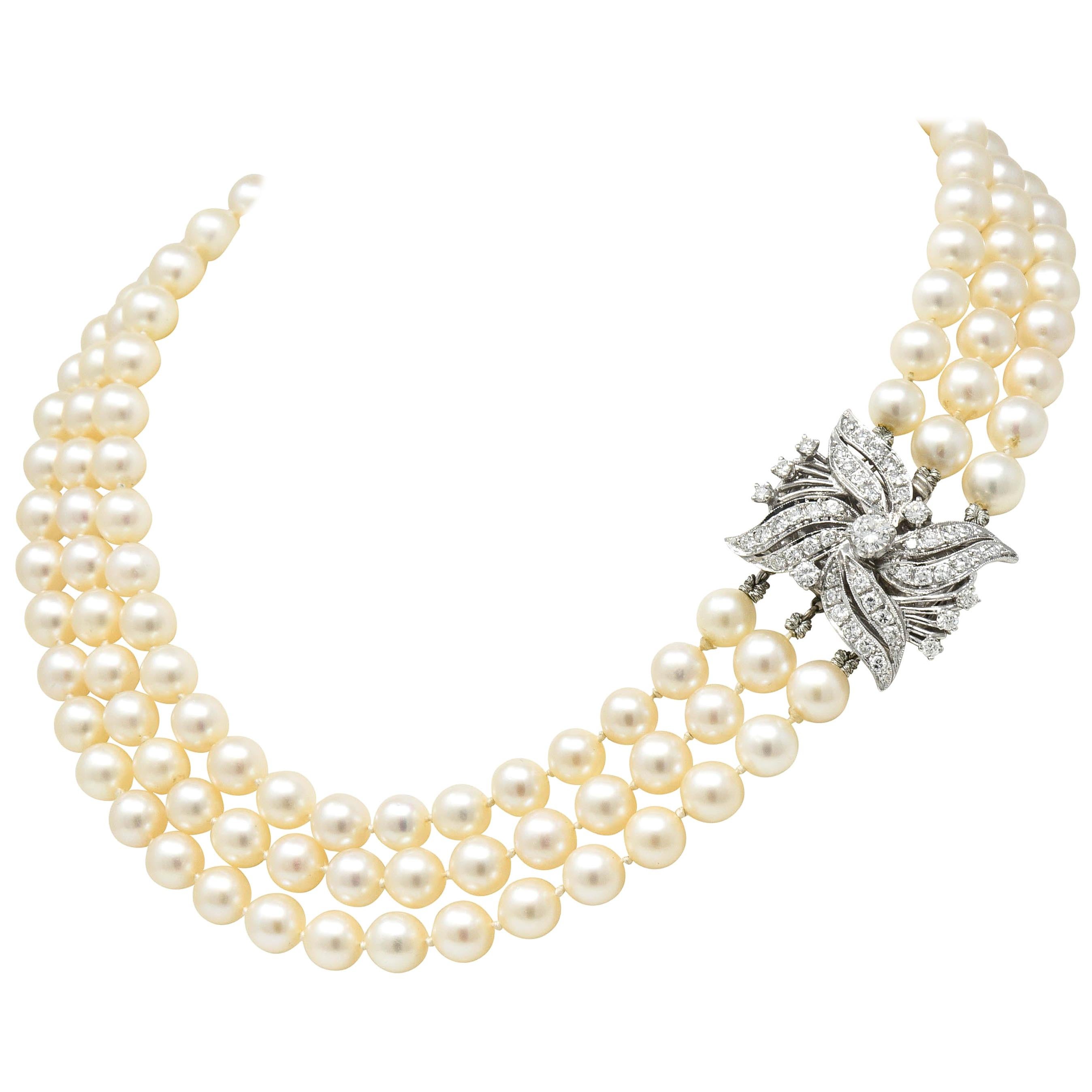 Retro Diamond Cultured Pearl 14 Karat White Gold Multi-Strand Necklace