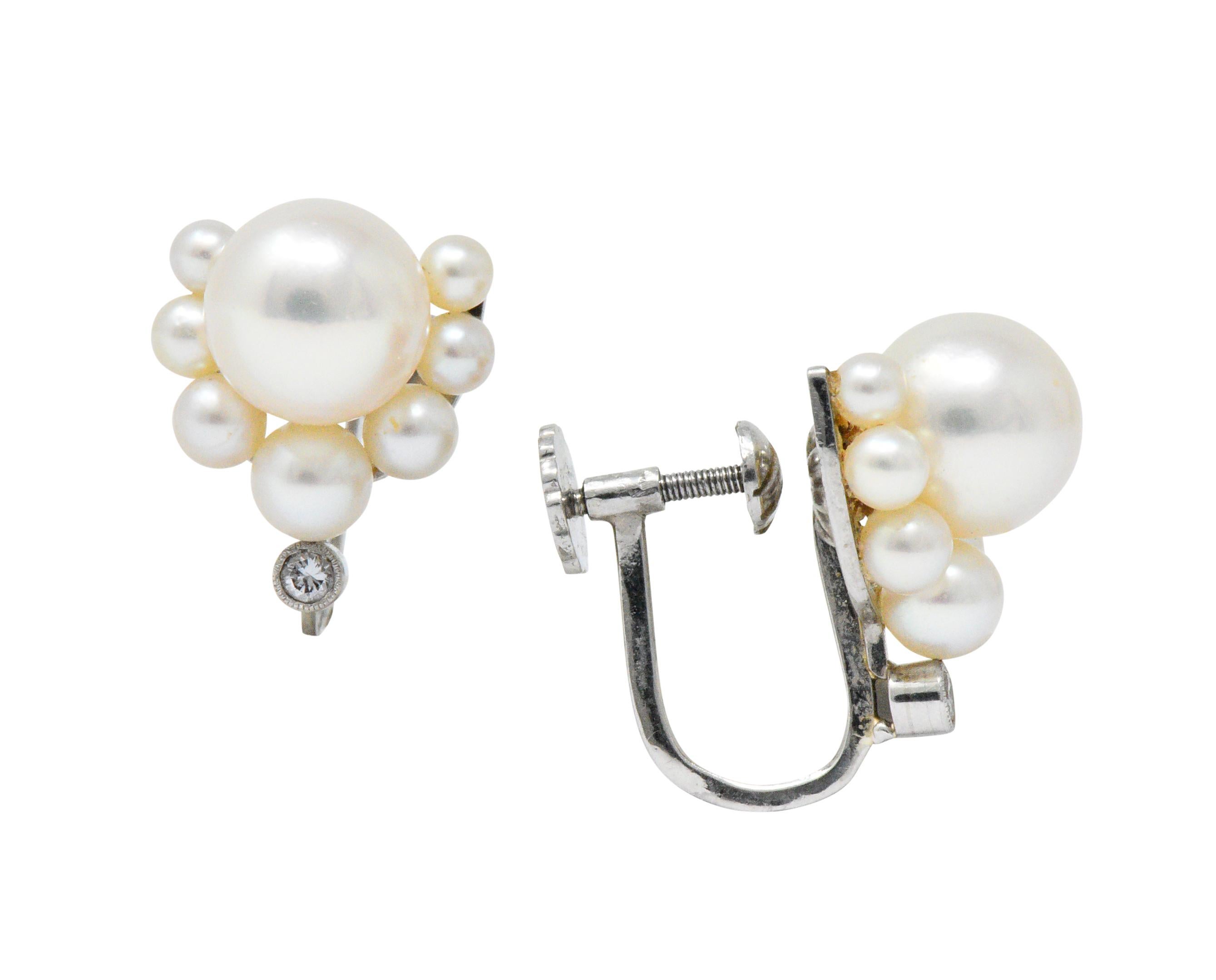 Round Cut Retro Diamond Cultured Pearl Platinum Earrings