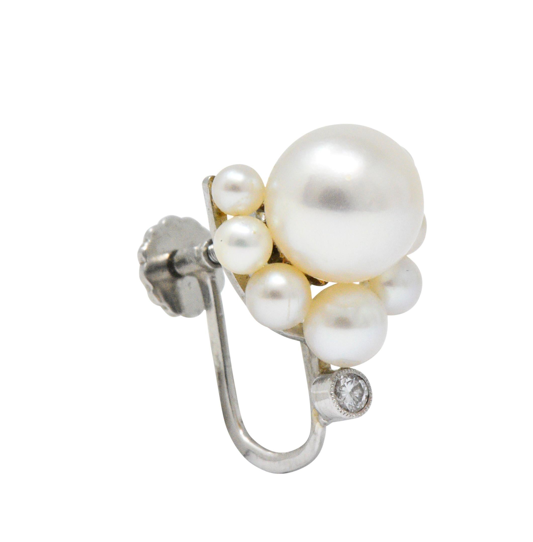 Retro Diamond Cultured Pearl Platinum Earrings 1