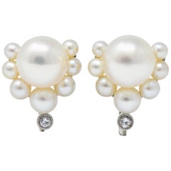 Vintage Diamond Cultured Pearl Platinum Earrings