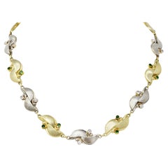 Retro Diamond Demantoid Garnet 14 Karat Two-Tone Gold Link Necklace