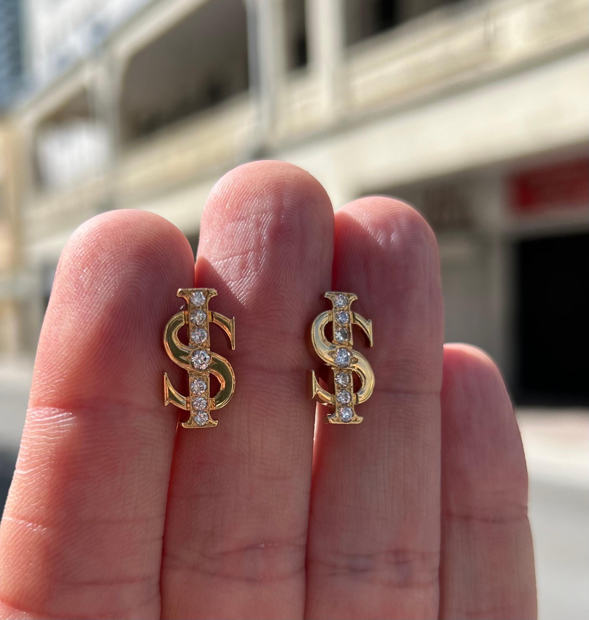  Retro Diamond Dollar Sign Cufflinks  18k Yellow Gold Mayors In Excellent Condition For Sale In MIAMI, FL