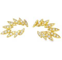Retro Diamond Ear Climber Earrings in 18K Yellow Gold, Lever Back Clip-On