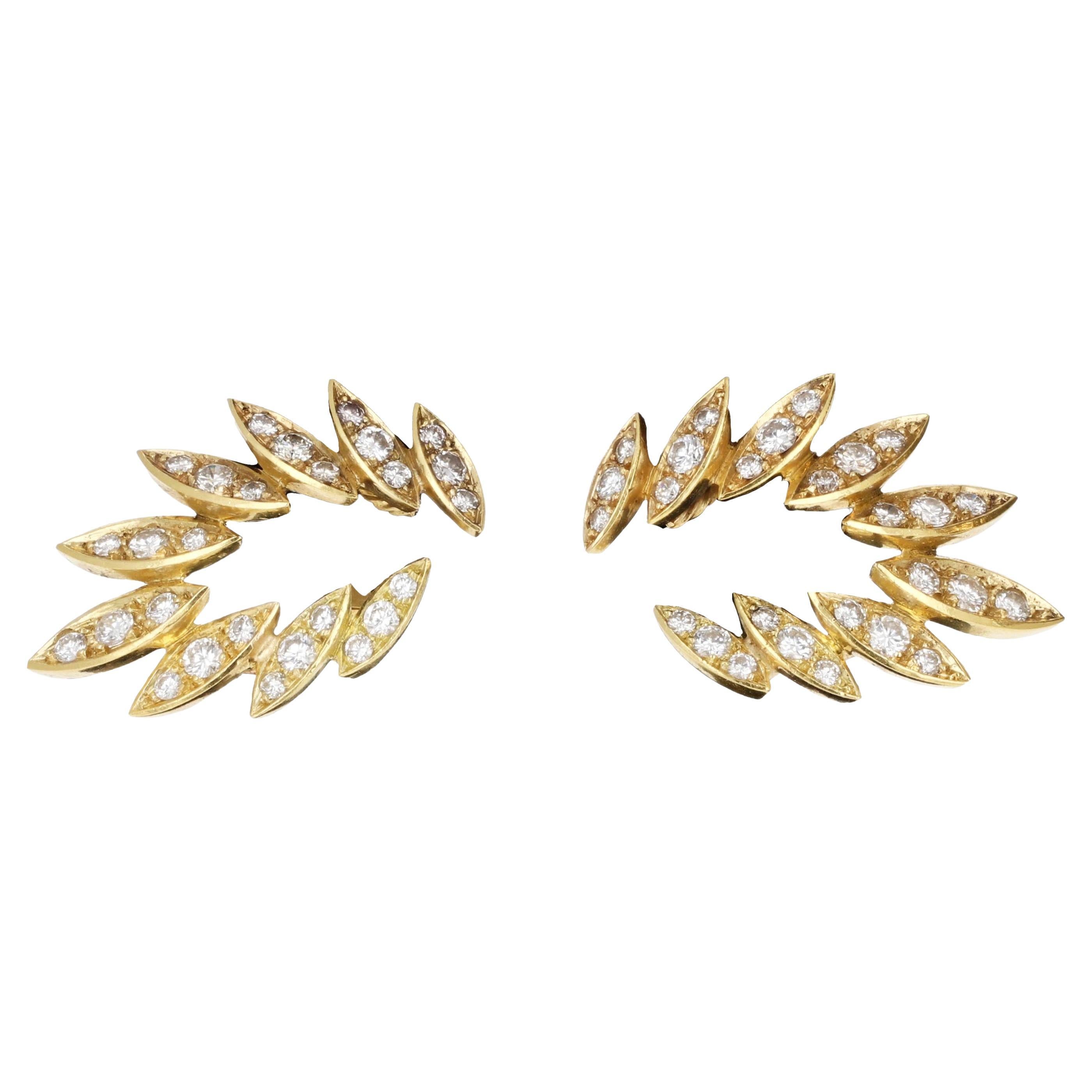Retro Diamond Ear Climber Earrings in 18K Yellow Gold, Lever Back Clip-On For Sale