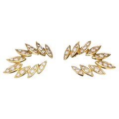 Retro Diamond Ear Climber Earrings in 18K Yellow Gold, Lever Back Clip-On