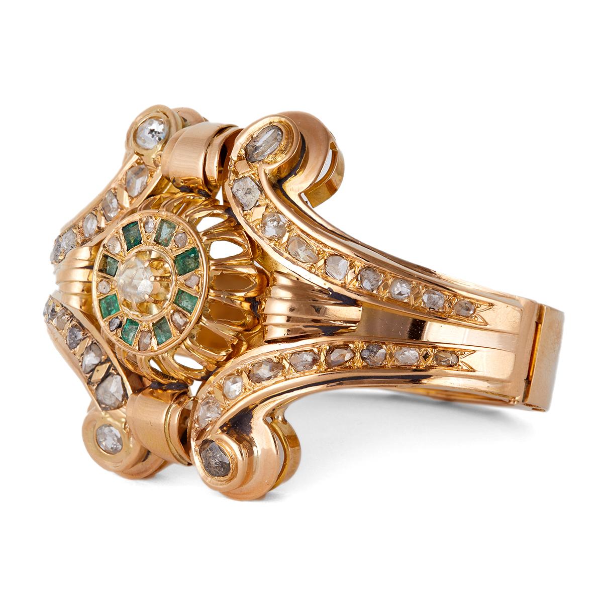 Women's or Men's Retro Diamond Emerald 18k Yellow Gold Hinged Bracelet
