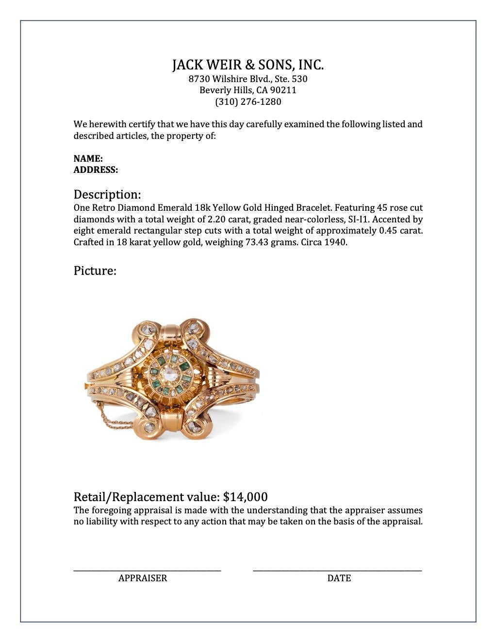 Retro Diamond Emerald 18k Yellow Gold Hinged Bracelet 2