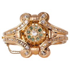 Retro Diamond Emerald 18k Yellow Gold Hinged Bracelet