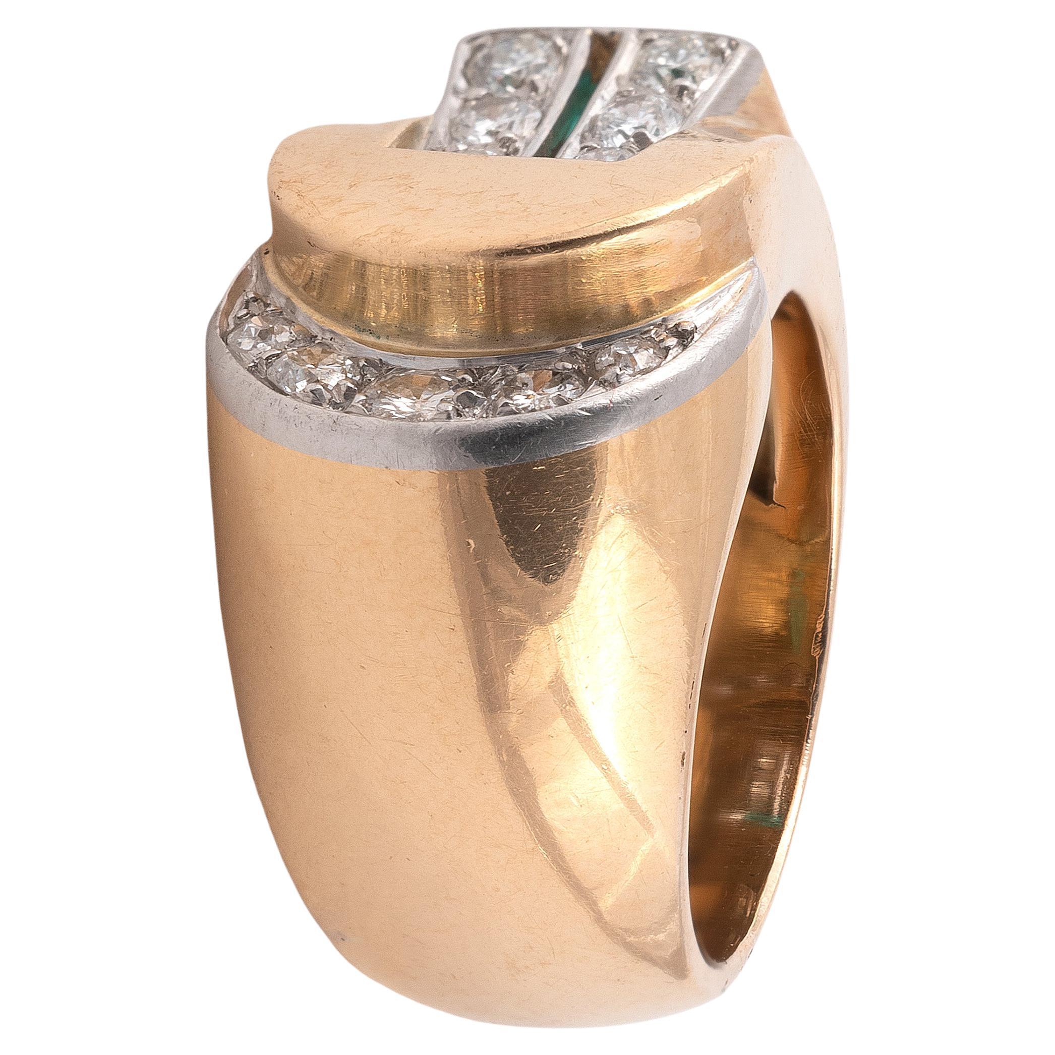 Rétro Anello retrò con diamante, smeraldo e oro 18 carati, 1945 circa in vendita