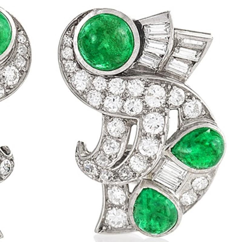 Women's Retro Diamond Emerald and Platinum Earrings