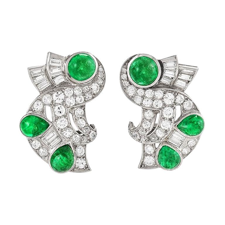 Retro Diamond Emerald and Platinum Earrings