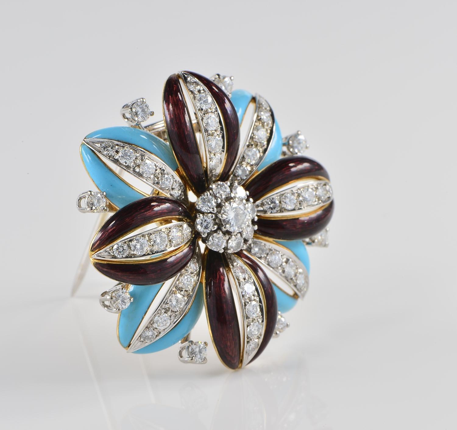 Large beautiful design flower boasting exquisite top quality past craftsmanship made of solid 18KT white and rose gold.
Three dimensional multi petals adorned by Turquoise and Aubergine colour enamelling work fully highlighted by approx 2.95 CT of