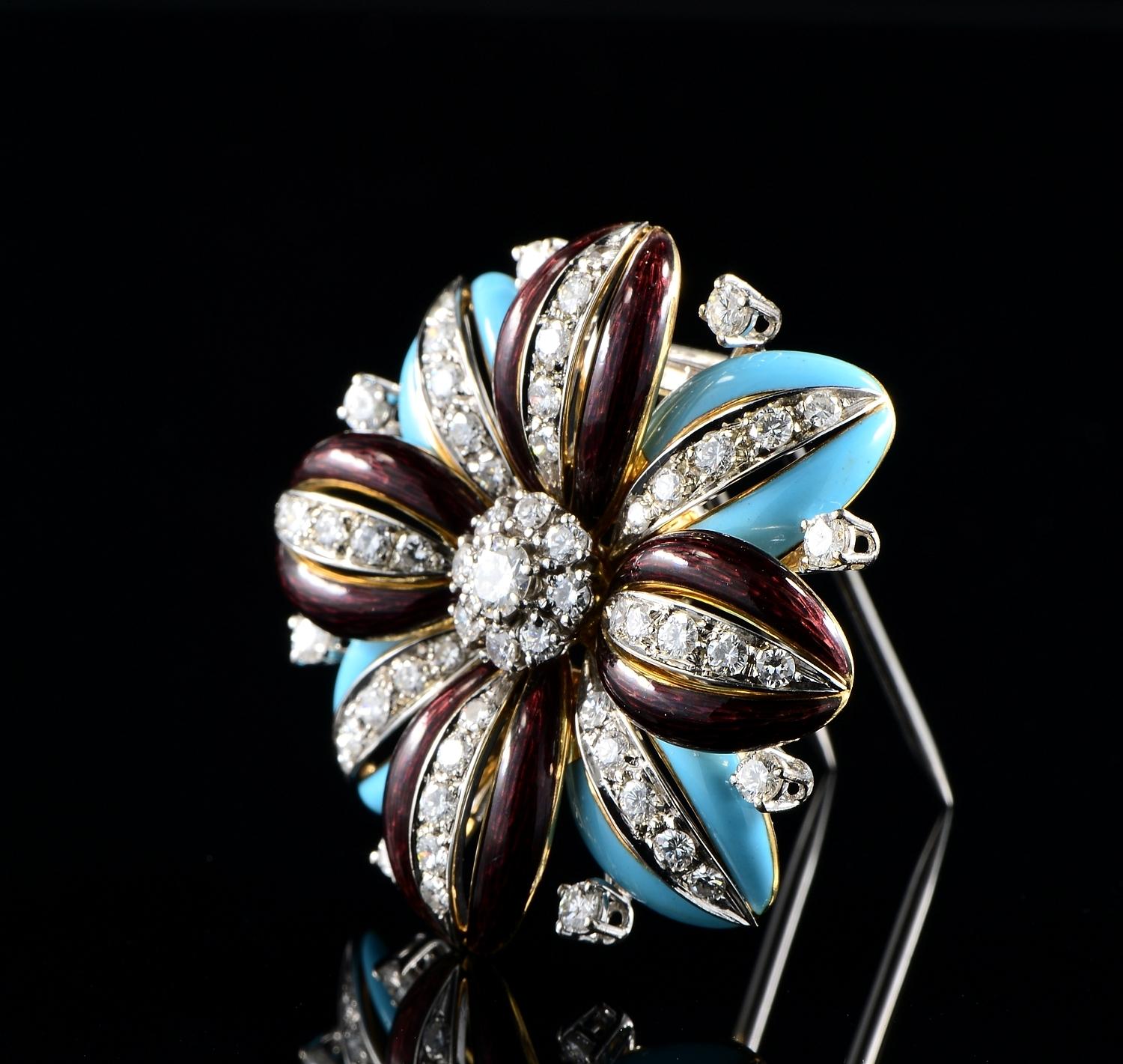 Broche rétro en forme de fleur en émail et diamants 18 KT Bon état - En vente à Napoli, IT