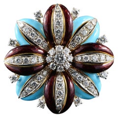Retro Diamond Enamel Flower Brooch 18 KT