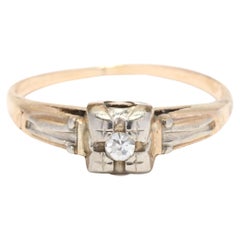 Retro Diamond Engagement Ring, Diamond Stackable Ring, Bi Color Gold Ring