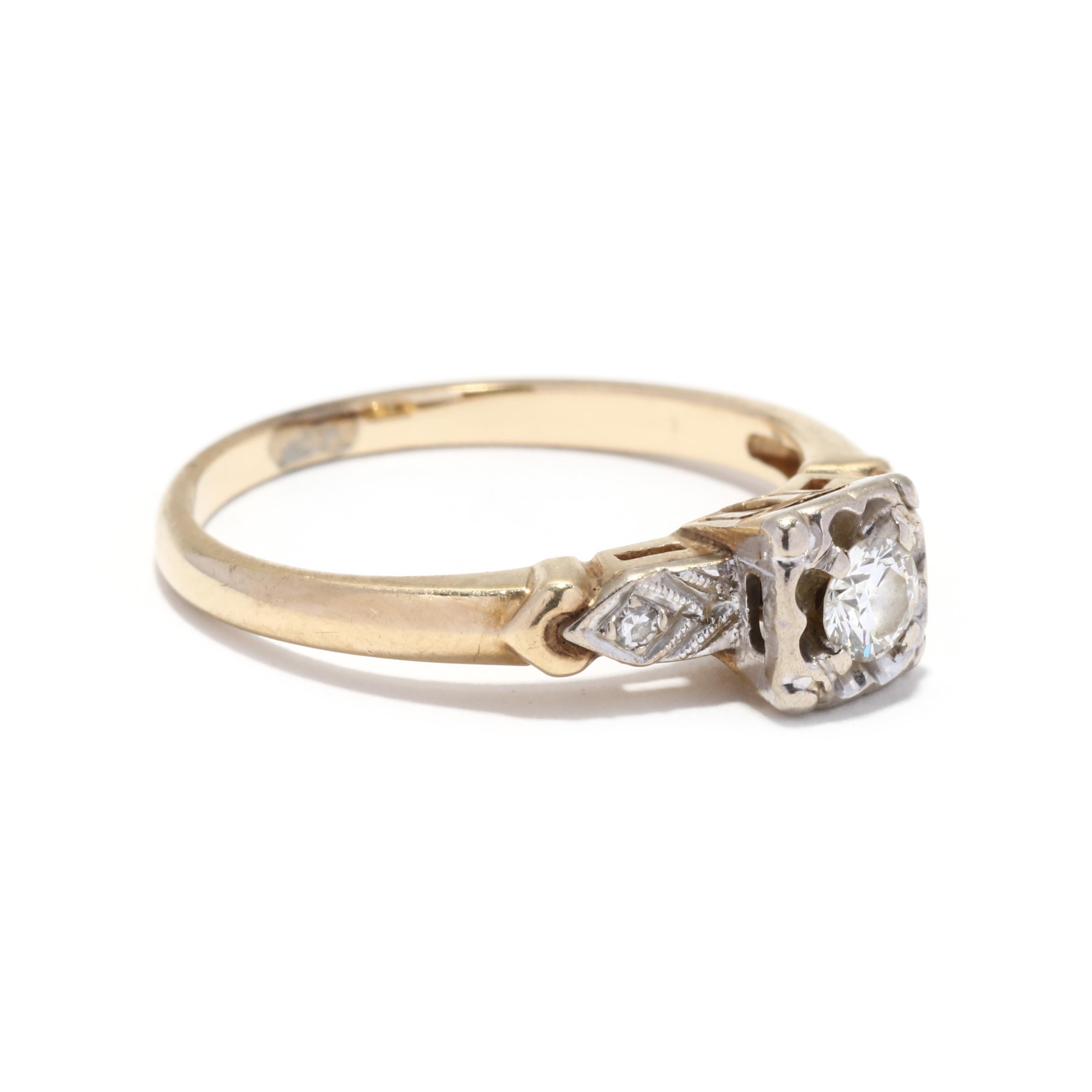A retro 14 karat yellow and white gold diamond engagement ring. This stackable ring features a full cut round diamond center stone weighing approximately .14 carat set in a square mounting, with geometric, milgrain shoulders set with single cut