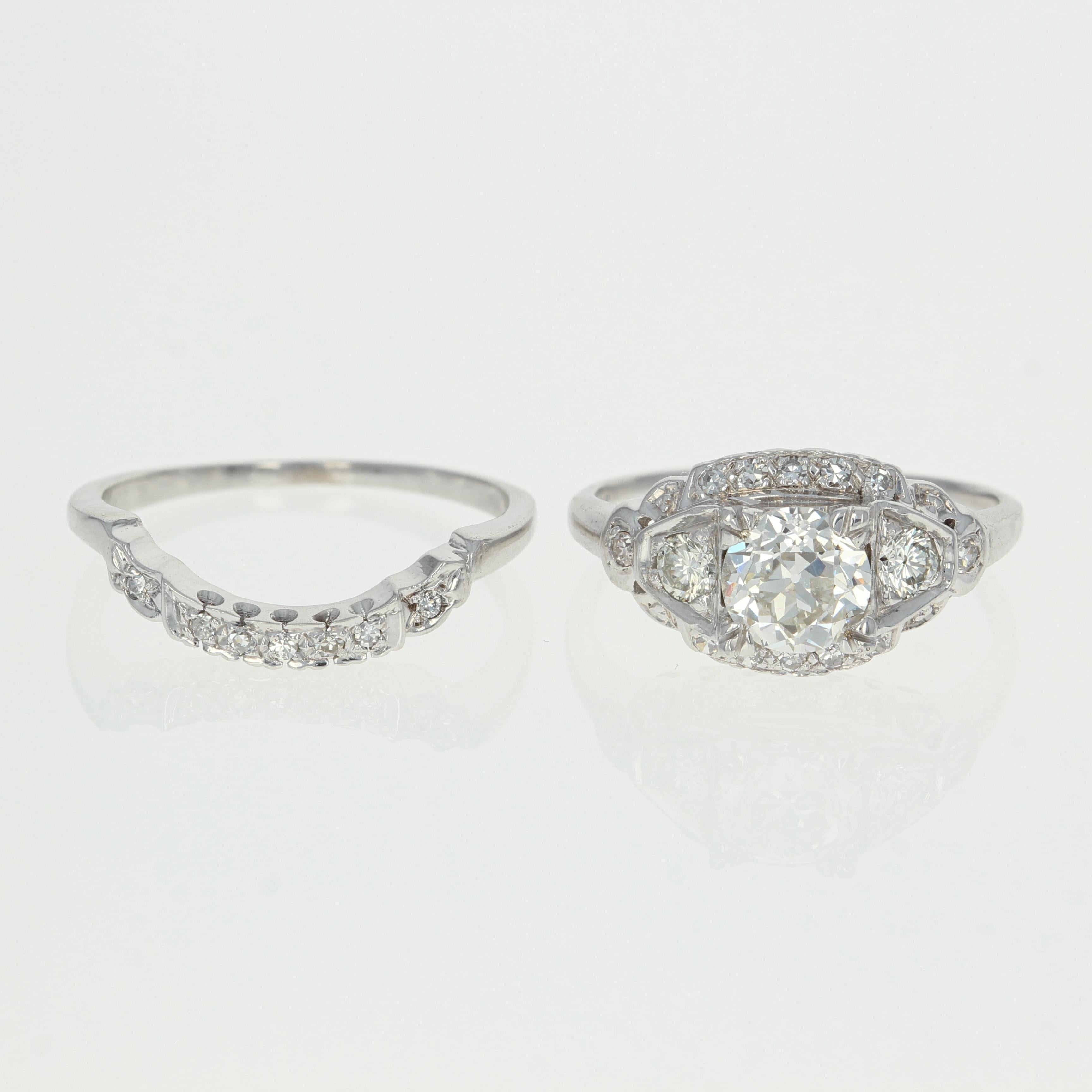 Art Deco Retro Diamond Ring and Wedding Band, 14 Karat Gold GIA Old European 1.58 Carat