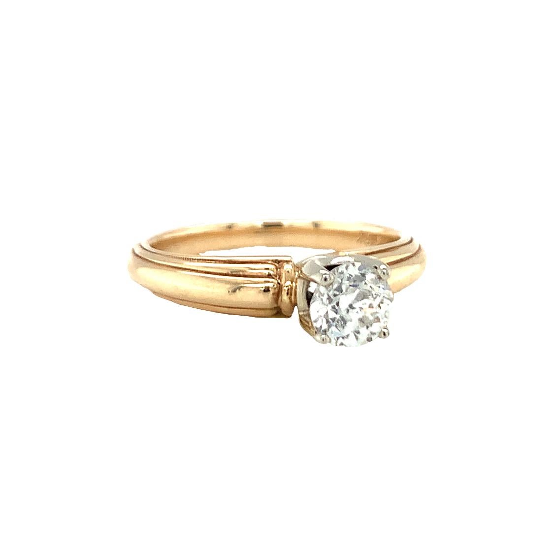 One Retro diamond engagement 18K and 14K yellow gold ring centering one prong set, old European cut diamond weighing 0.55 ct. (exact weight) with an H-I color and SI-2 clarity. The ring features a fluted design on the shoulders and a high polish
