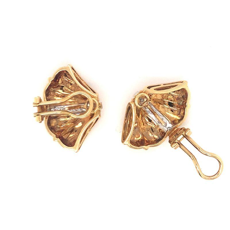 One pair of diamond fan motif 18K yellow gold earrings enhanced with 20 transitional round brilliant cut diamonds totaling 0.30 ct. With high polish, puffed gold finish. Retro, circa 1940s.

Adorable, elevated, darling.

Additional
