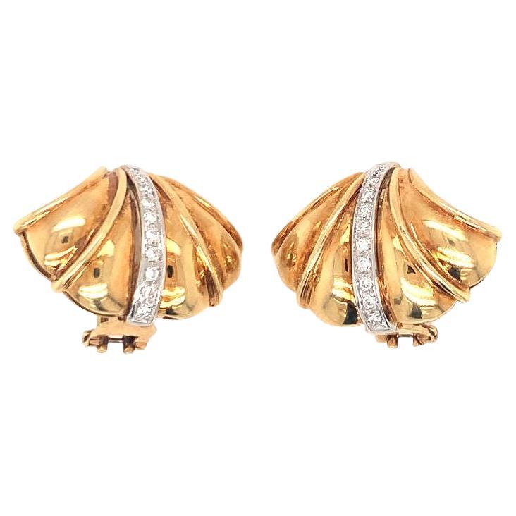 Retro Diamond Fan Motif 18k Yellow Gold Earrings, circa 1940s For Sale