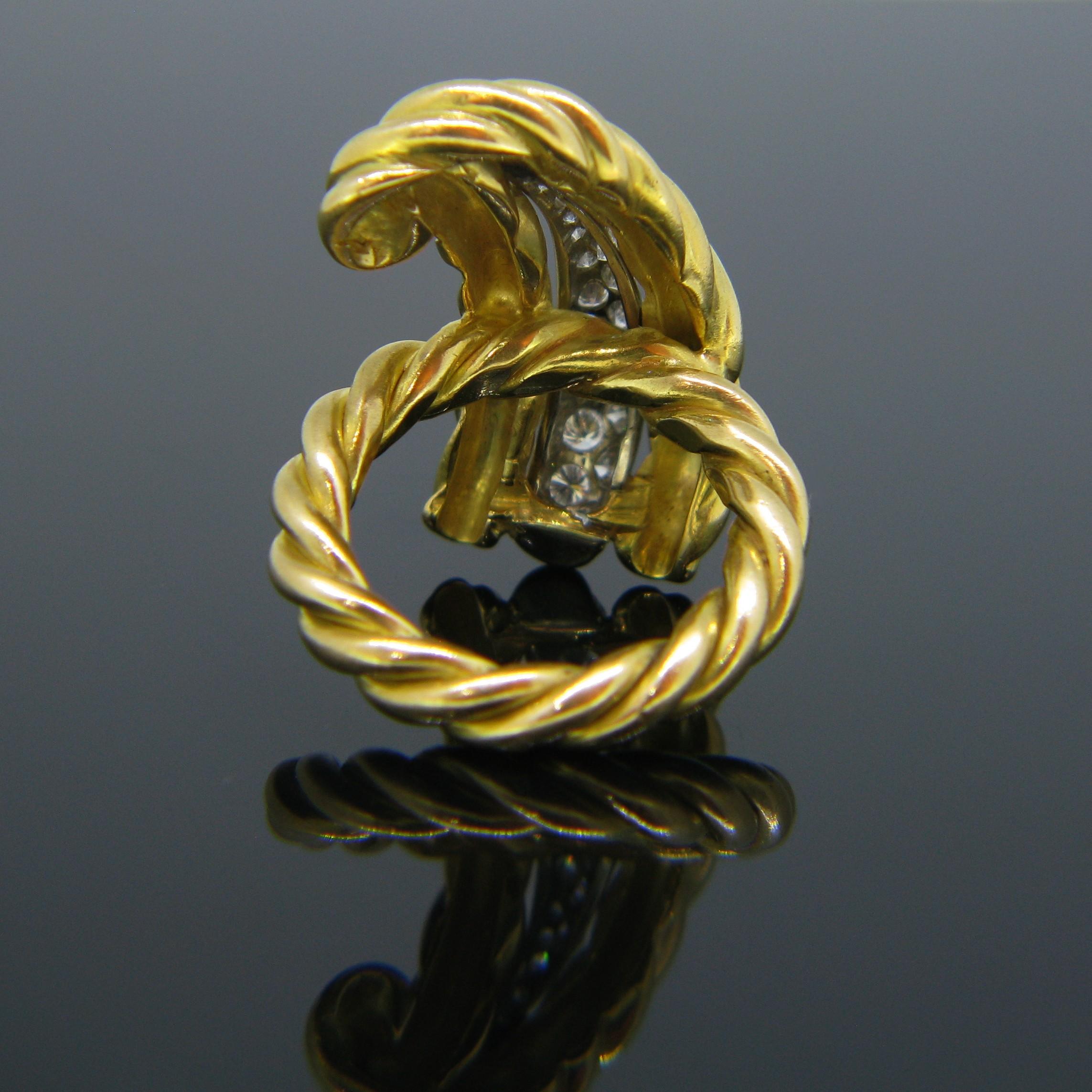 Retro Diamond Feather Yellow Gold Platinum Ring In Excellent Condition In London, GB