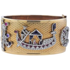 Vintage Diamond Gem Set Charm Gold Bangle Bracelet