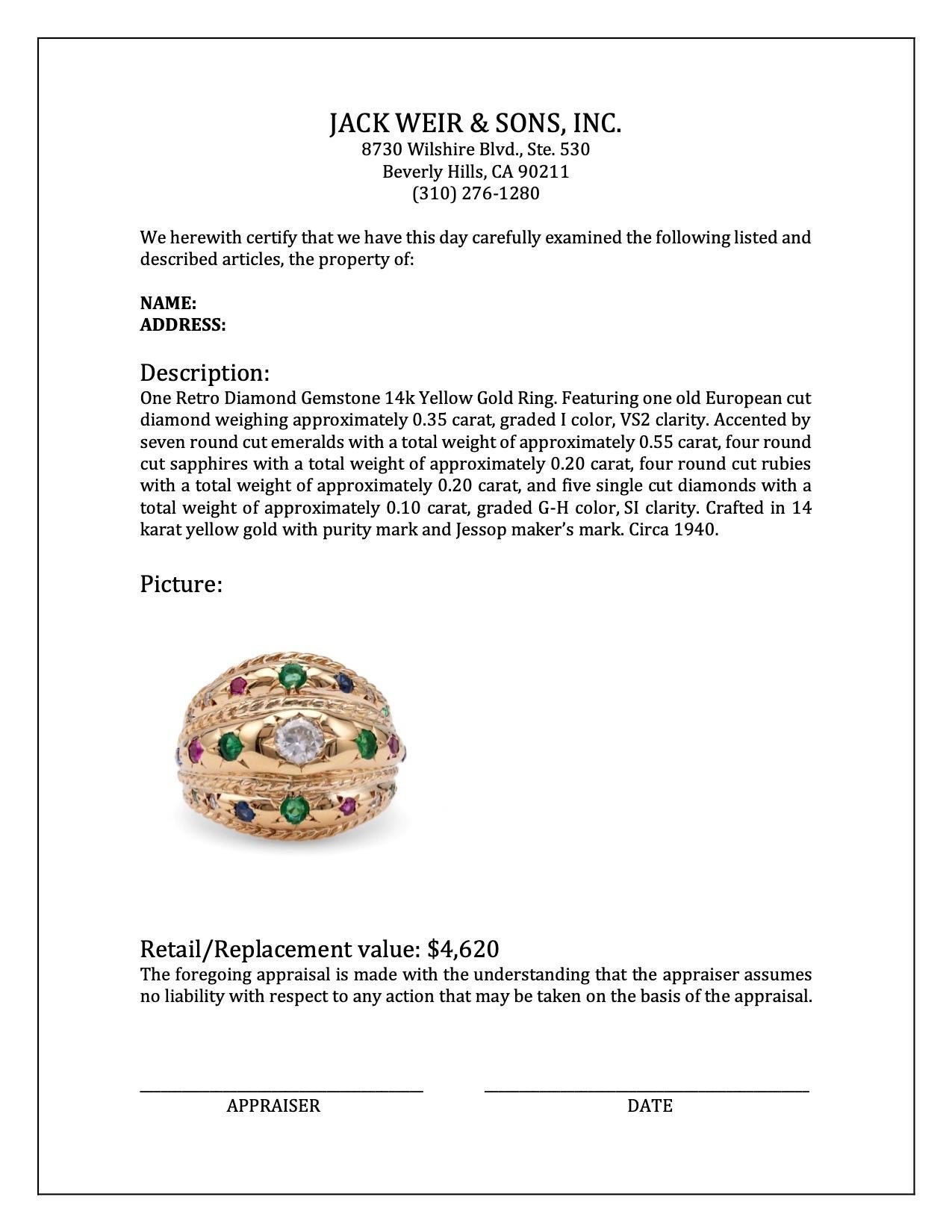 Women's or Men's Retro Diamond Gemstone 14k Yellow Gold Ring For Sale