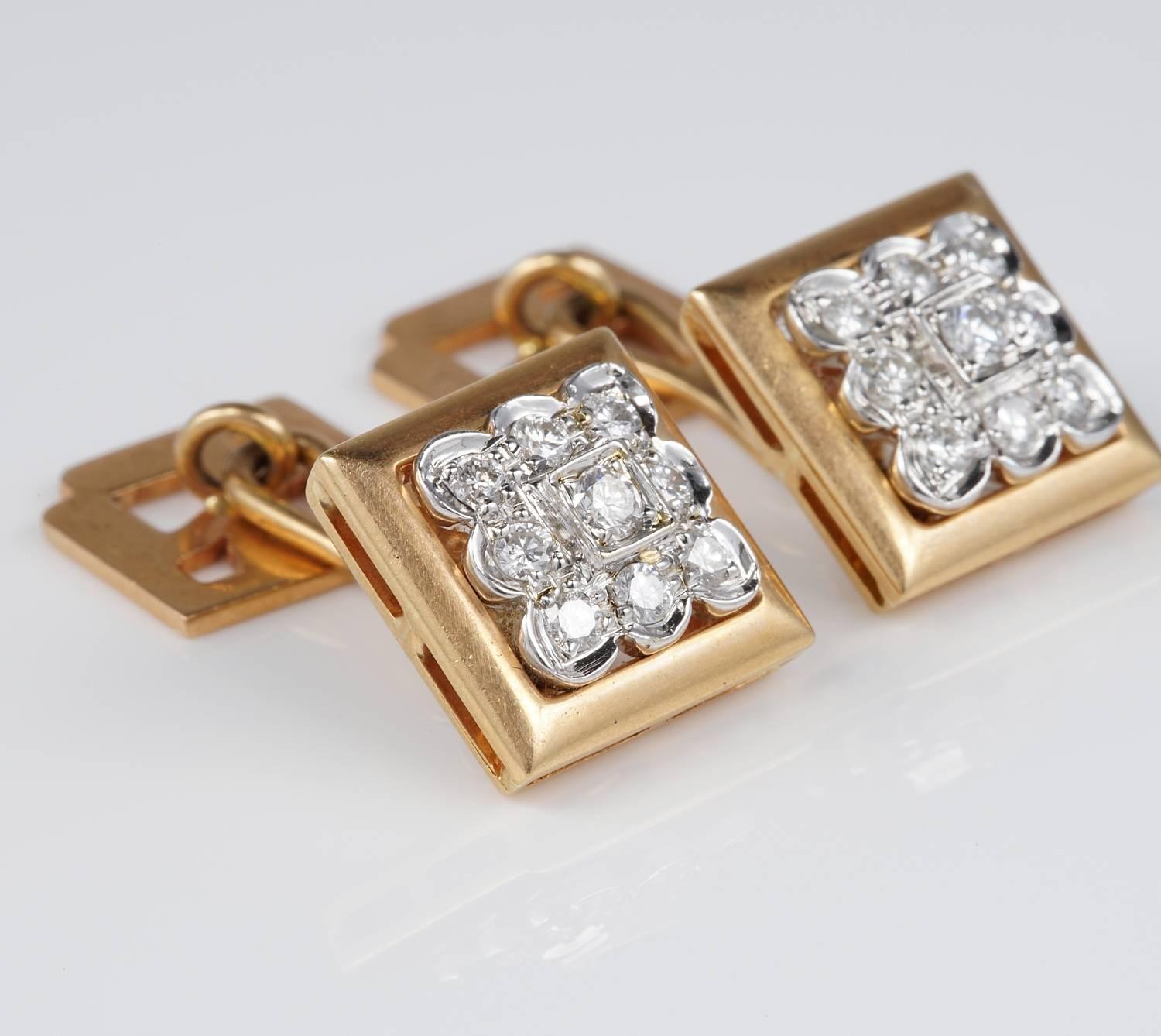 Beautiful pair of Gent cufflinks hand crafted during 1940 of the highest standars.
Italian origin.
Made of solid 18 KT rose gold with white portions for the diamond setting. 
Gold weight is 11.0 grams.
Classy, collectable, distinctive