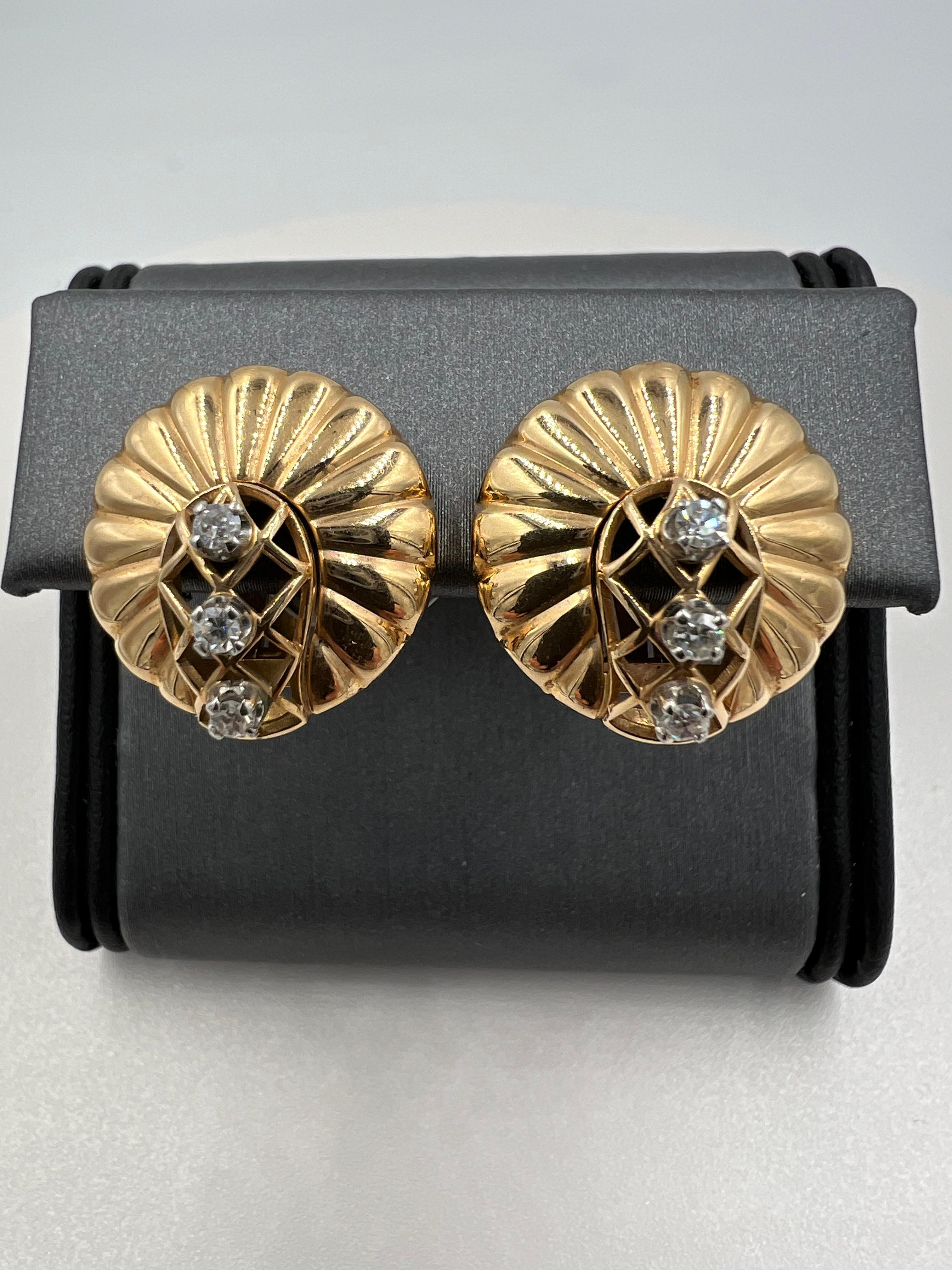 
Retro diamond gold clip on earrings, circa 1950s

The 1950s was a decade known for its glamorous and elegant fashion, and the retro diamond gold clip-on earrings were a perfect representation of this era. These stunning accessories were a must-have
