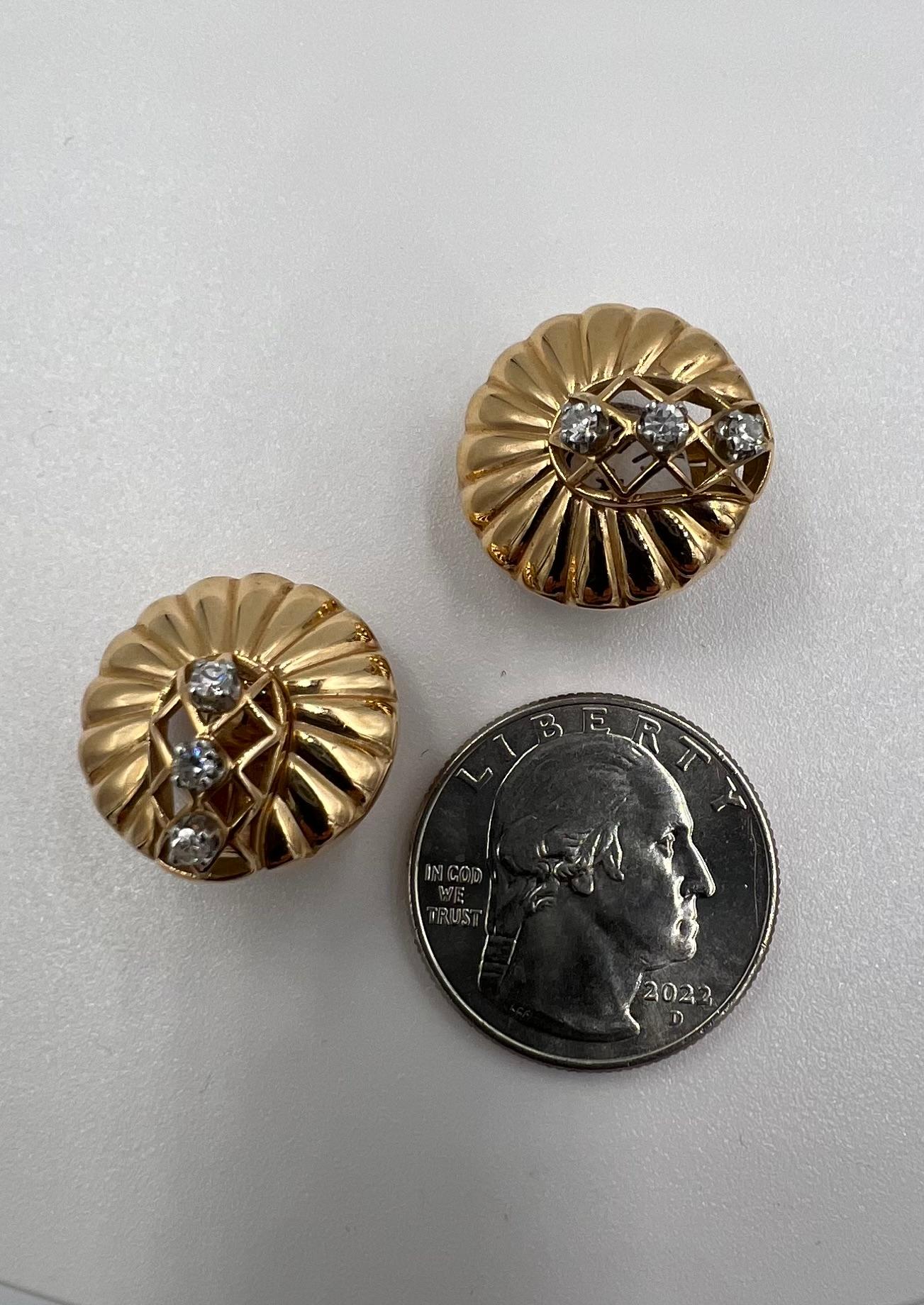 Round Cut Retro Diamond Gold Clip On Earrings For Sale
