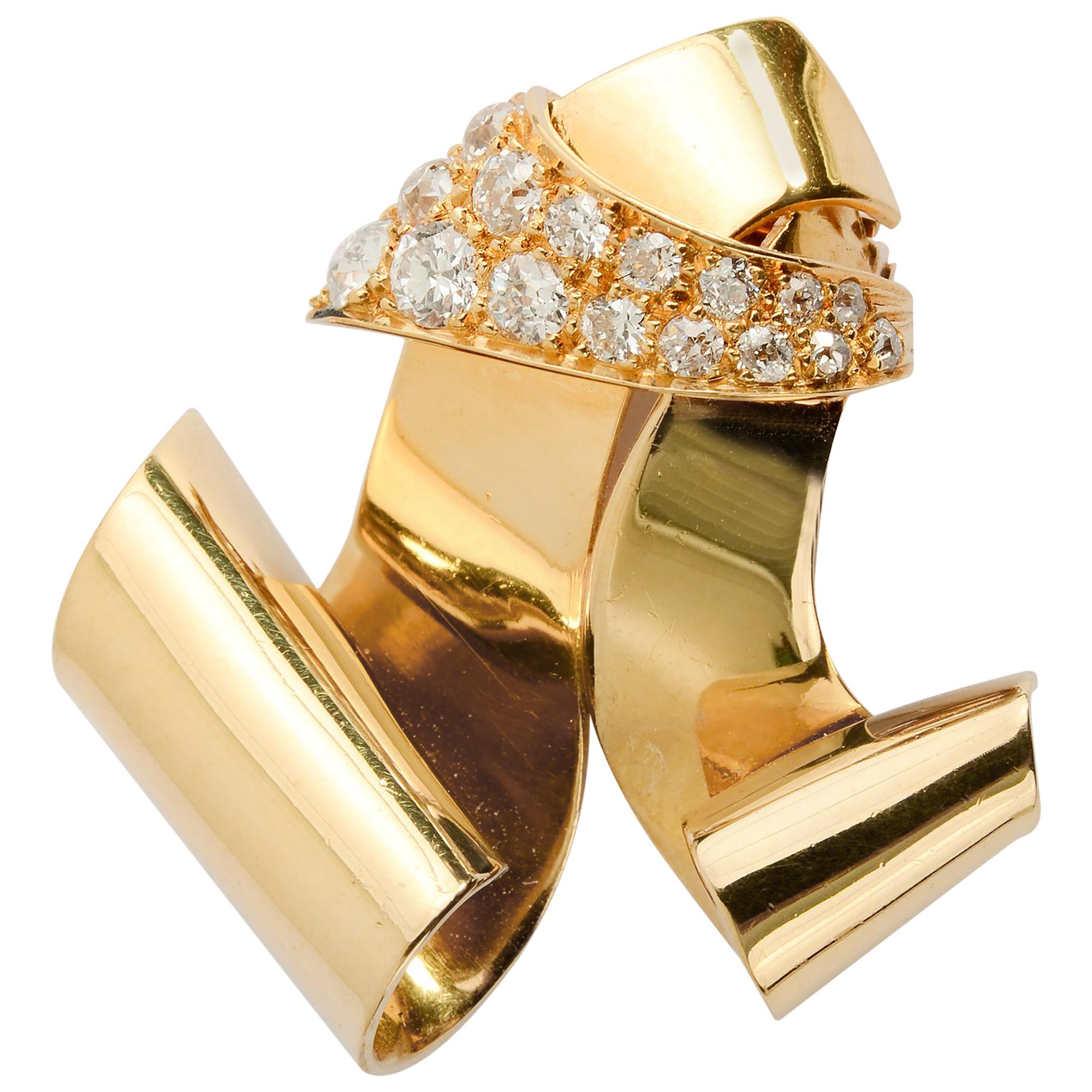 Retro Diamant-Gold-Brosche mit Schnörkeln