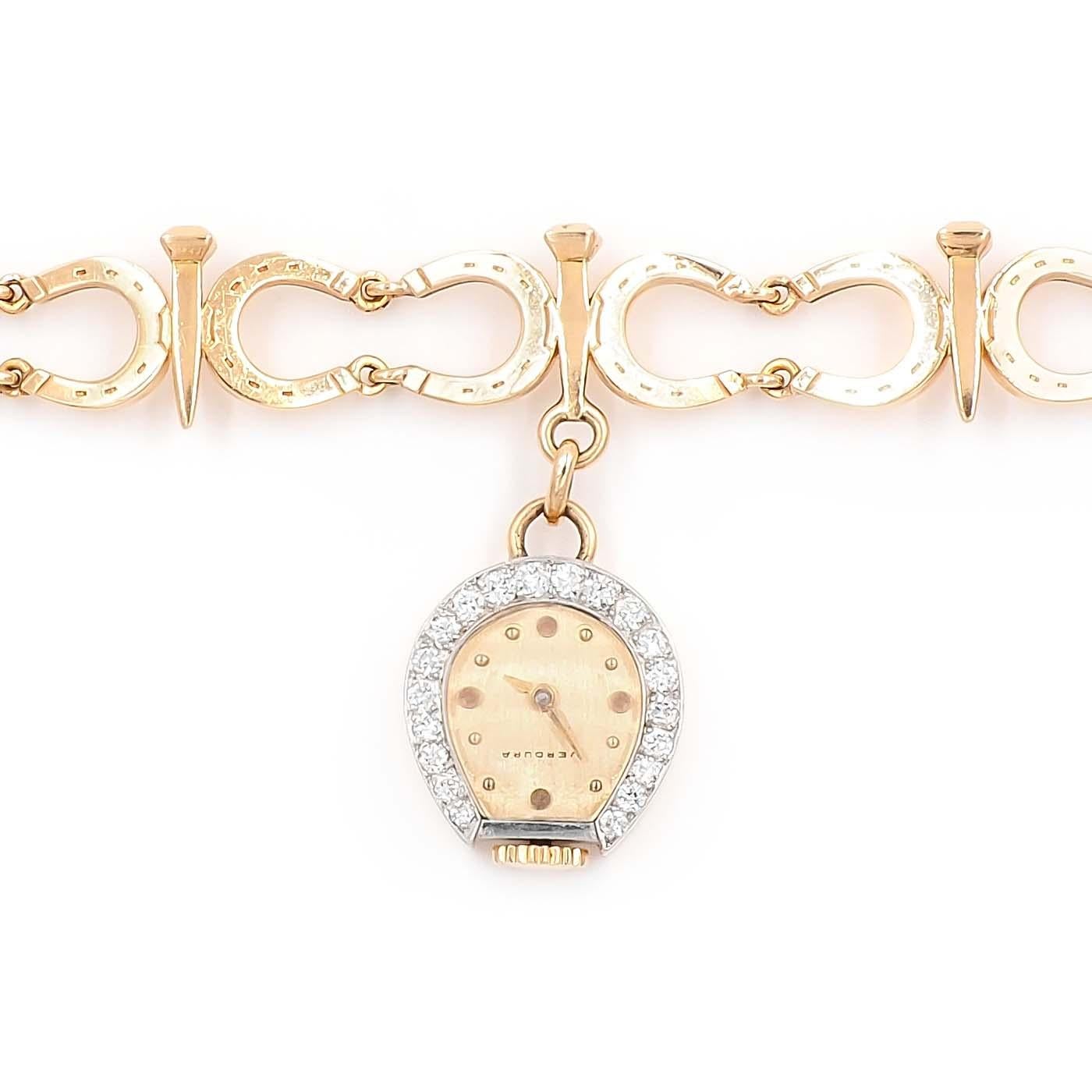 Retro Diamond Horseshoe Bracelet with Watch Charm by Verdura, composed of 14k yellow gold. With a horseshoe-shaped watch charm, composed of 14k yellow gold and platinum, featuring 20 Round Cut diamonds that weigh approximately 0.45 carats in total.