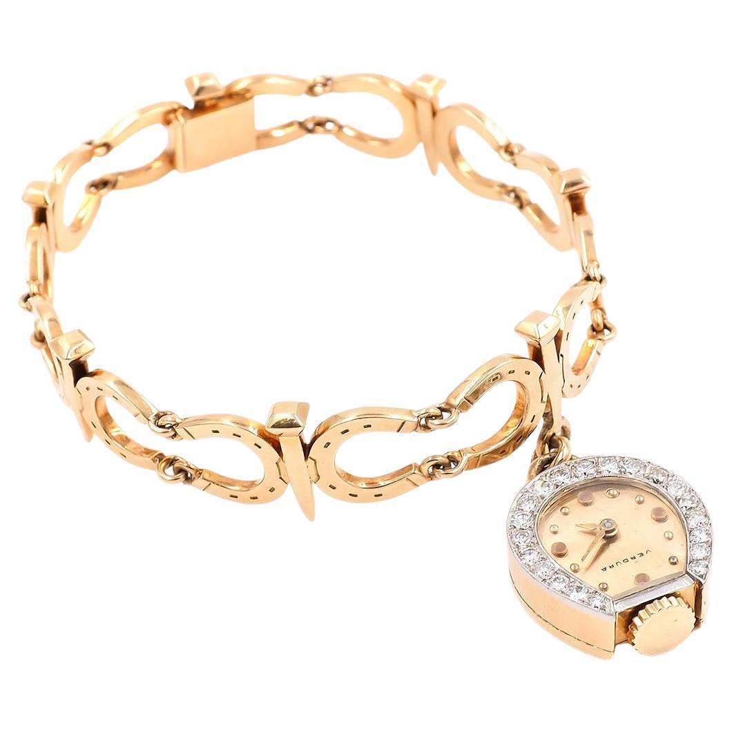 Retro 14 Karat Gold & Diamond Horseshoe Bracelet with Watch Charm by Verdura