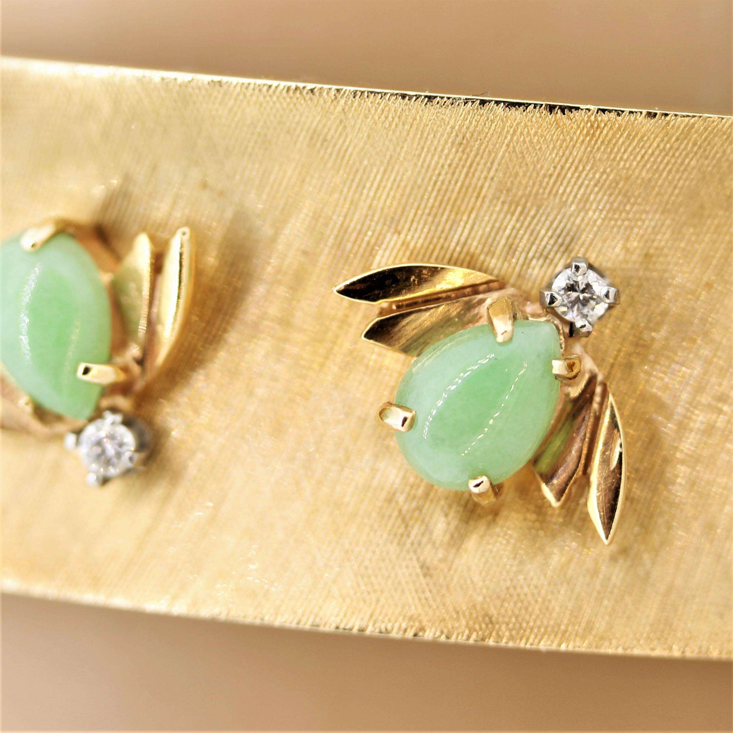Mixed Cut Retro Diamond Jade Gold Bee Bangle Bracelet