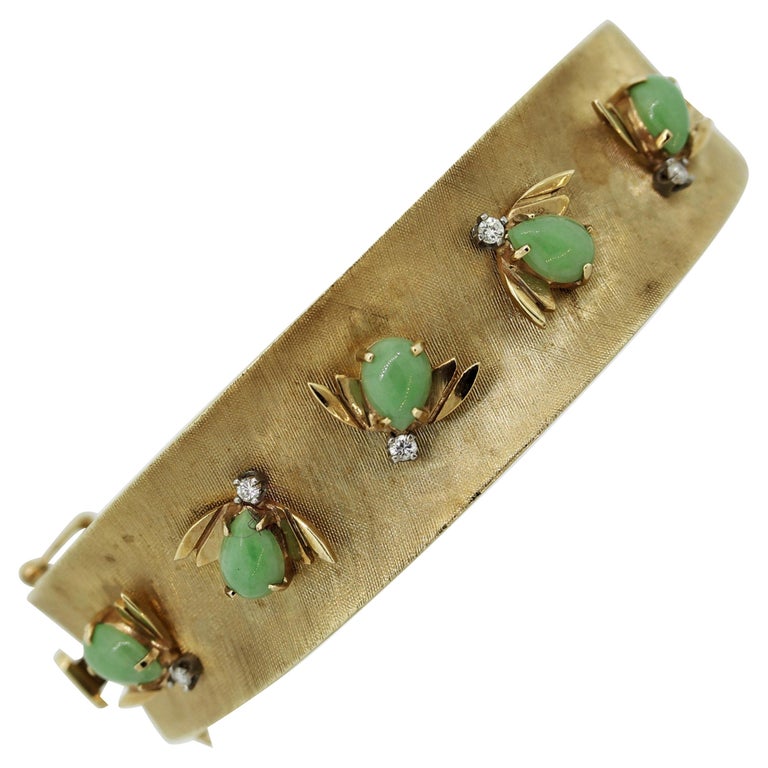 Retro Diamond Jade Gold Bee Bangle Bracelet For Sale