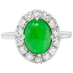 Retro Diamond Jadeite Jade Cabochon Platinum Cluster Ring, circa 1940s