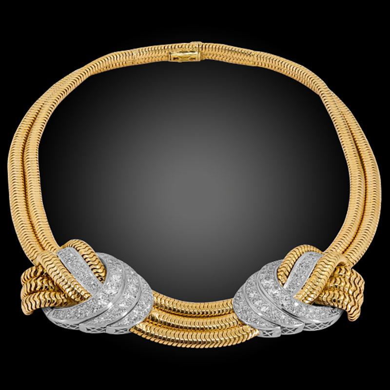 Diamant Gelb- und Weißgold Serpentine Kette Retro Halskette Armband Suite im Zustand „Gut“ im Angebot in New York, NY