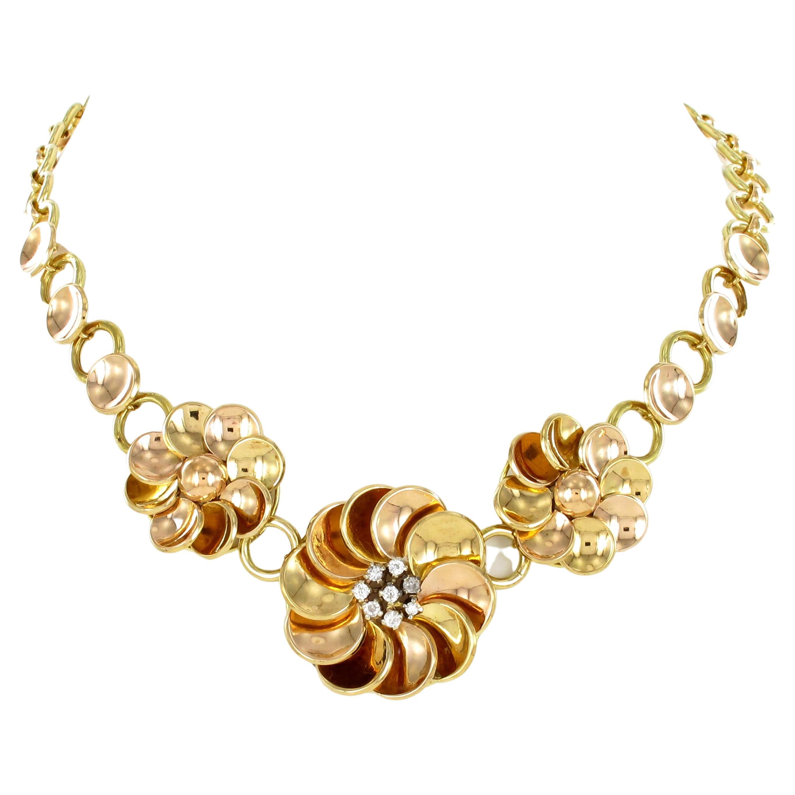 Retro Diamond Necklace in 18 Karat Yellow and Rose Gold For Sale