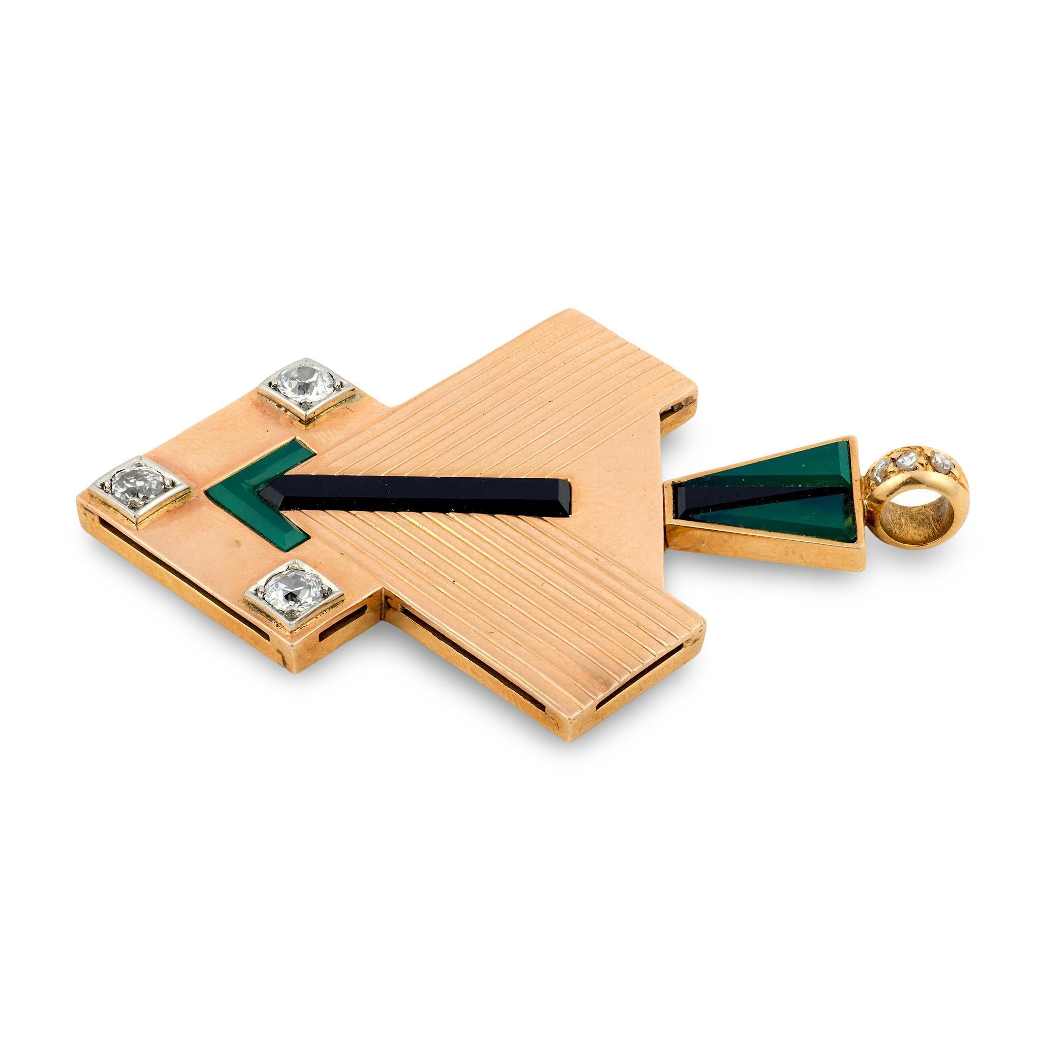 Old Mine Cut Retro diamond onyx chalcedony 18k rose gold pendant For Sale