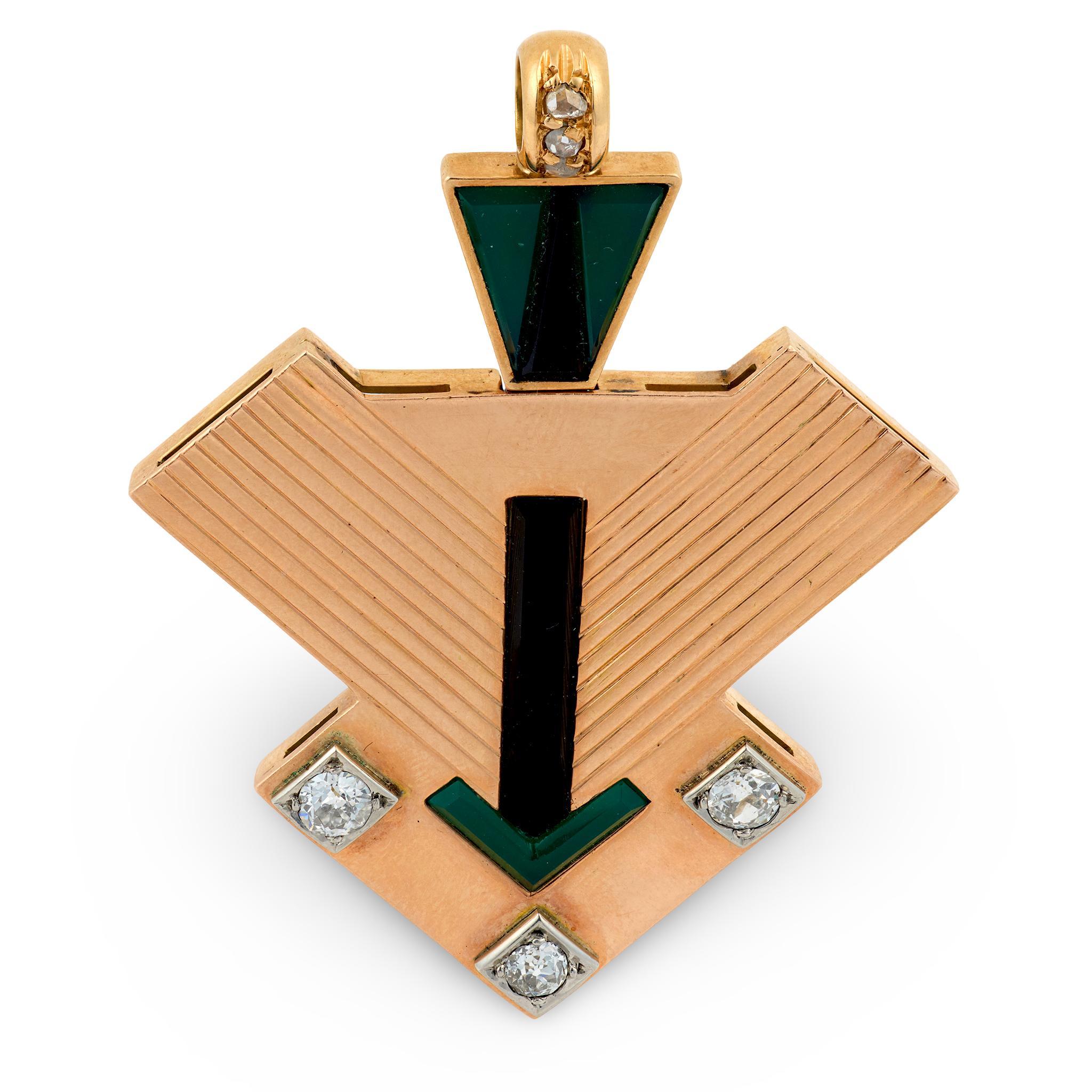 Retro diamond onyx chalcedony 18k rose gold pendant In Good Condition For Sale In Beverly Hills, CA