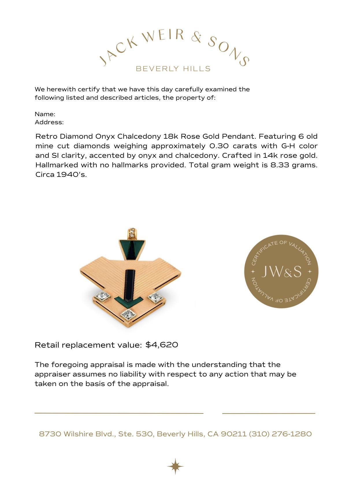 Retro diamond onyx chalcedony 18k rose gold pendant For Sale 2