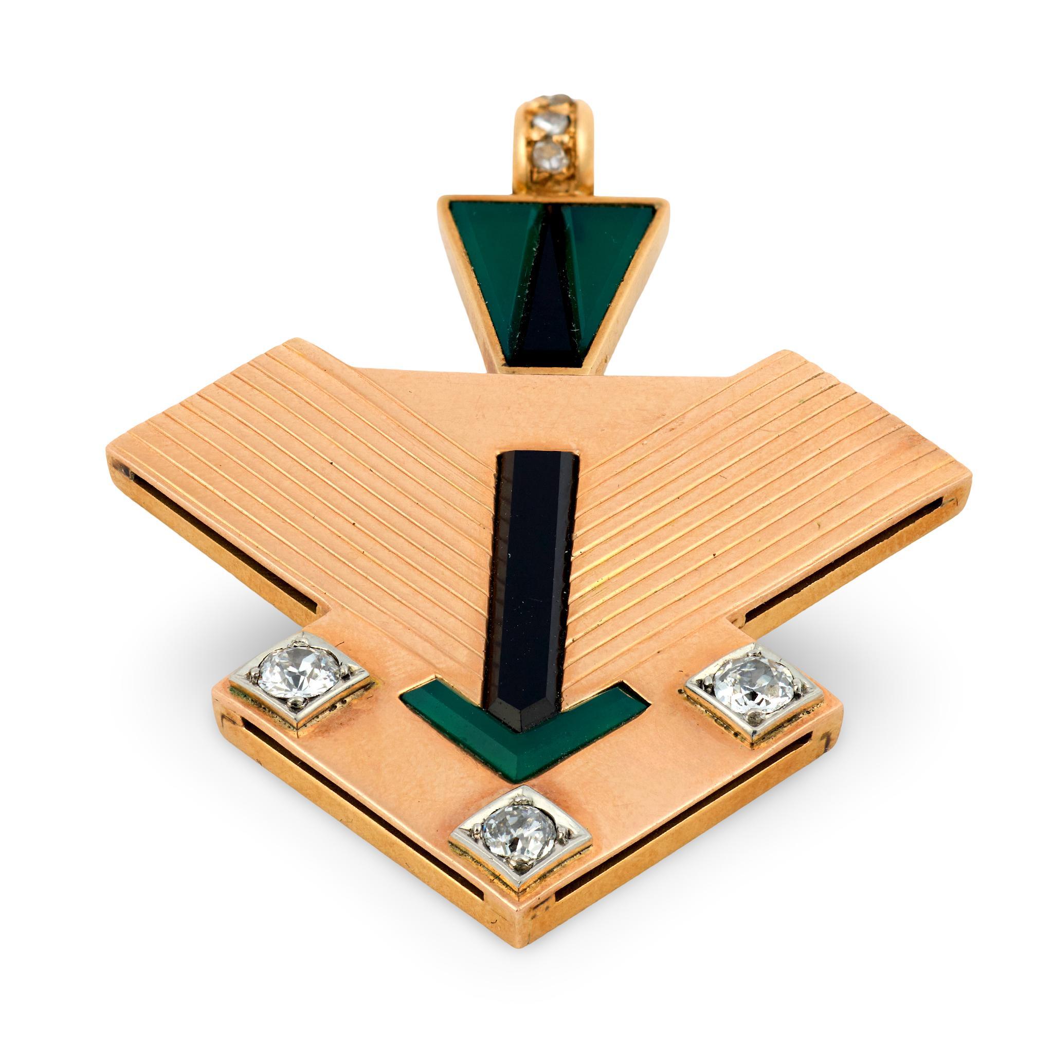 Retro diamond onyx chalcedony 18k rose gold pendant For Sale 3