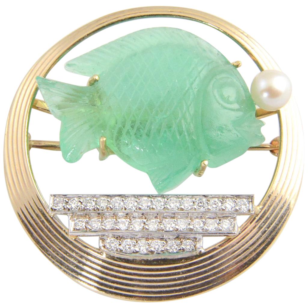 Retro Diamond, Pearl and Gold Carved Emerald Fish Bowl Brooch