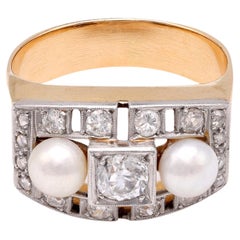 Retro Diamond Pearl Yellow Gold and Platinum Ring