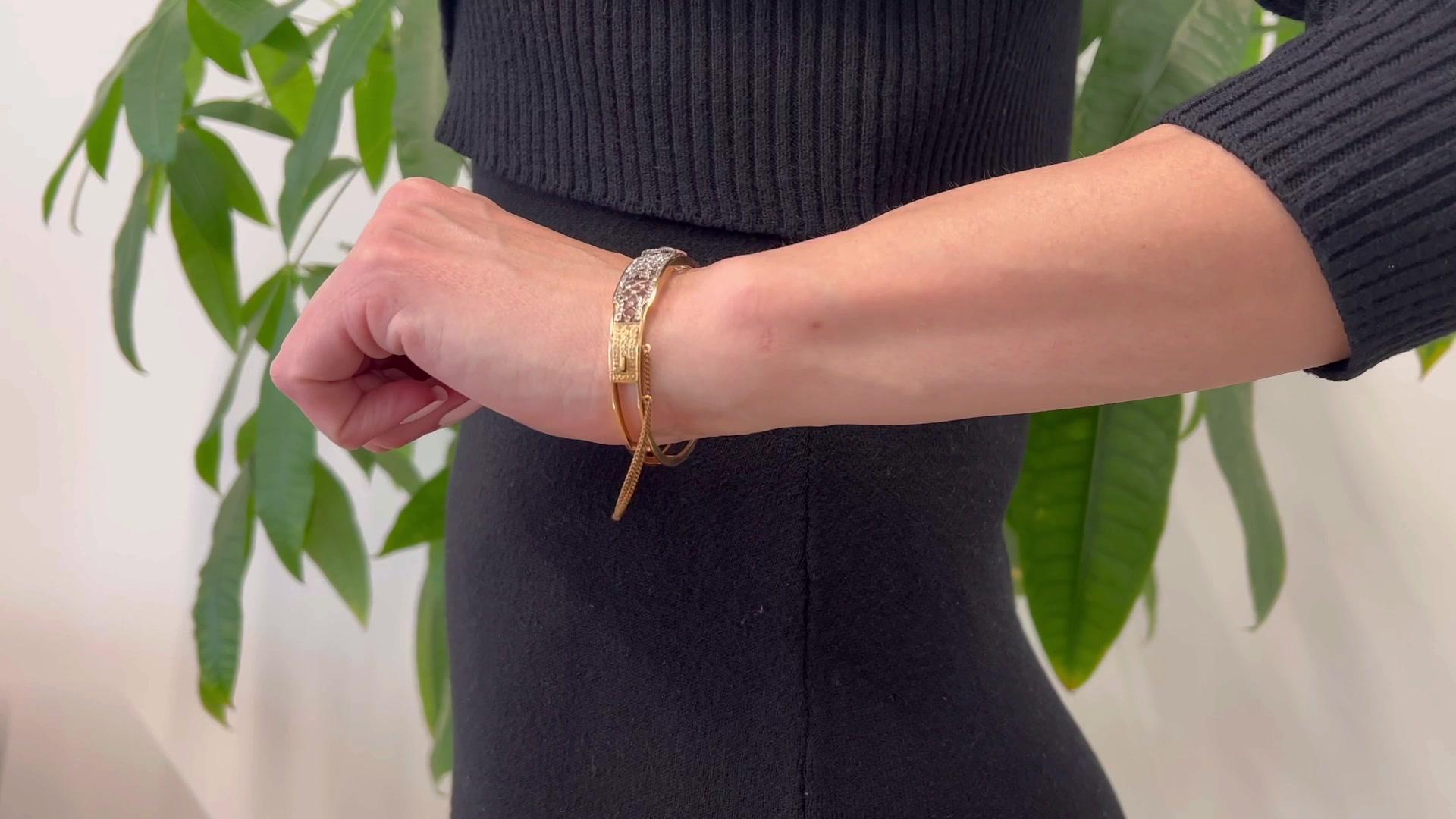 Retro Diamant-Platin-Armband mit Scharnier aus 14 Karat Gelbgold (Rosenschliff)