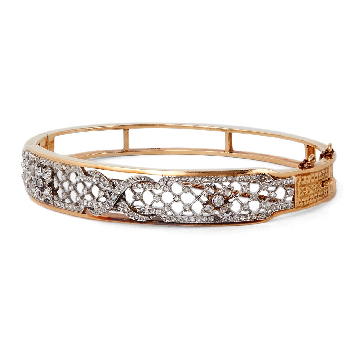 Retro Diamant-Platin-Armband mit Scharnier aus 14 Karat Gelbgold für Damen oder Herren