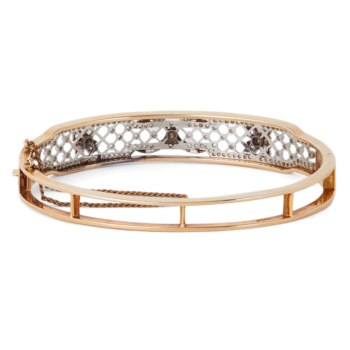 Retro Diamant-Platin-Armband mit Scharnier aus 14 Karat Gelbgold 1